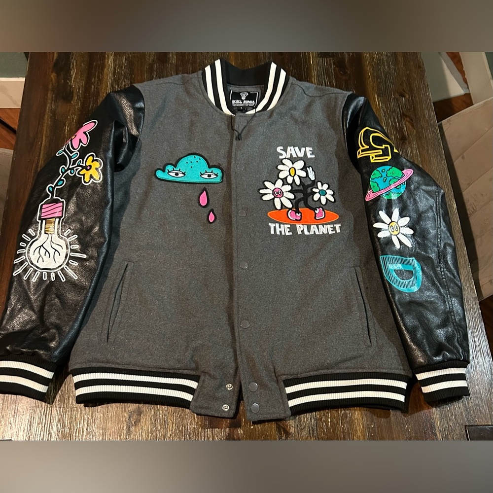 NWOT Rebel Minds "Save the Planet" varsity jacket Large /unisex